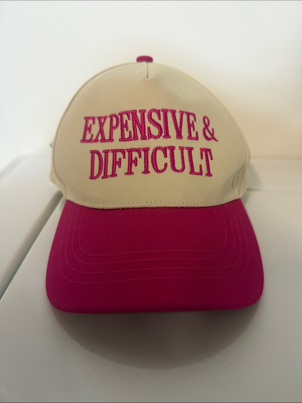 "Expensive & Difficult" Beige and Hot Pink Baseball Cap